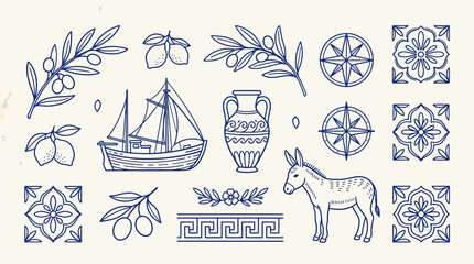 Collection of Greek inspired illustrations including a donkey sailboat amphora and olive branches. © xigma