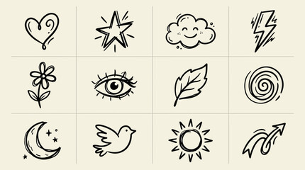 Fototapeta premium Collection of Hand Drawn Doodle Icons Representing Nature and Abstract Concepts.