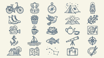 Collection of hand drawn travel and adventure themed icons. © xigma