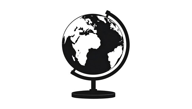 A simple black and white graphic depicting a terrestrial globe on a stand. Its continents are shown clearly