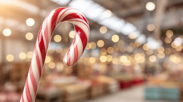 A close-up of a classic red and white striped candy cane, a festive holiday treat, against a softly blurred background of holiday lights.