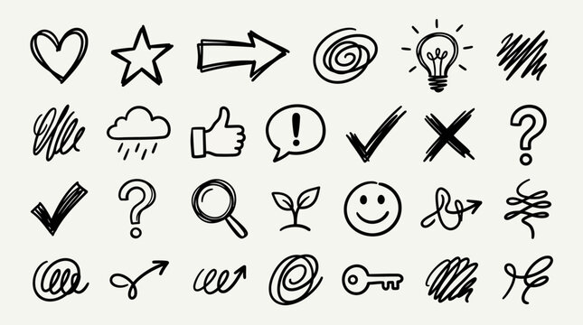 Hand drawn doodle icon set with various symbols and arrows.