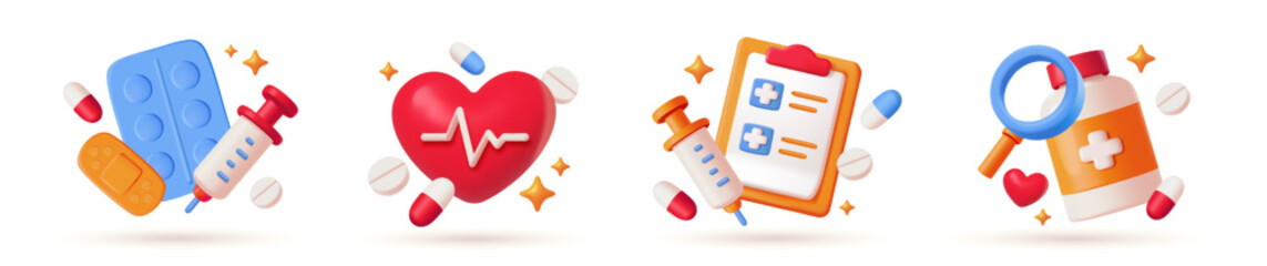 Set of 3D medical concepts. Stickers with pills and drugs, pharmaceuticals, heart and doctor prescription for treating diseases. Plasticine style vector illustration collection isolated on background