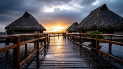 Obraz premium Serene tropical resort bungalows on a boardwalk with a stunning sunset in the backdrop. A picturesque scene of tranquility and relaxation. 