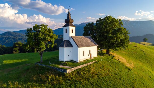 A small white church with a dark steeple sits atop a verdant hill, flanked by trees under a blue sky, mountain backdrop