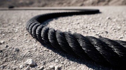 Obraz premium Heavy duty thick black rubber coated wire rope for industrial use and athletic training on gravel surface