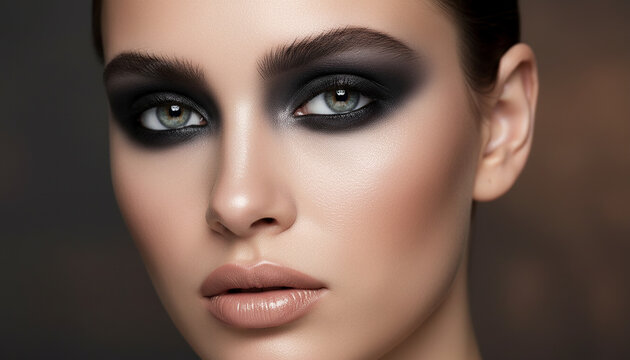 Close up of woman face with dramatic smoky eye makeup and nude lips, perfect for evening beauty looks, cosmetic tutorials or fashion magazine designs
