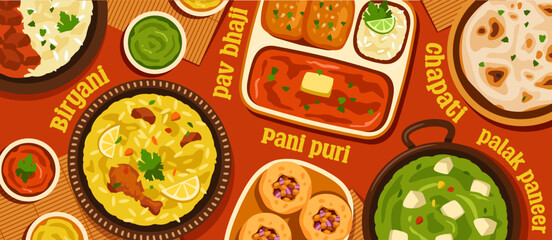Banner with traditional Indian cuisine. Lunch table with delicious Indian food, Pani Puri, Pav Bhaji, Palak Paneer and Chapati. Top view of street food dishes. Cartoon Flat vector illustration