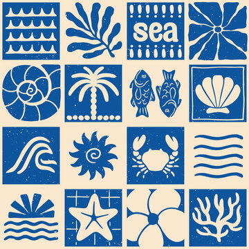 Summer seamless pattern. Repeating geometric pattern with marine elements, coral, fish, seaweed and crab in Matisse style. Design for wallpaper and fabric printing. Hand drawn vector illustration