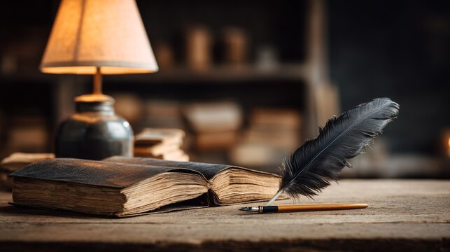 Open leather bound book with quill and lamp on desk