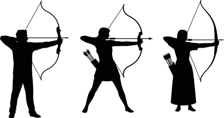 Archer silhouettes aiming bow and arrow archery sport hunter warrior shooting target vector illustration isolated collection © Sarsoti