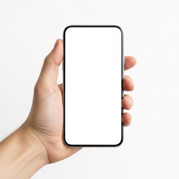 A hand holding a modern smartphone against a plain background