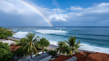 Fototapeta premium A breathtaking rainbow arcs gracefully over a serene ocean with crashing waves and a lush green coast
