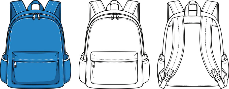 Classic School Backpack Flat Technical Sketch Vector Template with Front and Back View