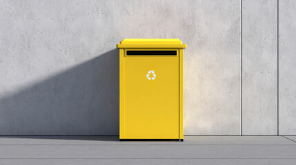 A close-up of a vibrant yellow recycling bin casting a long shadow on the wall. The bin features the recycling symbol. 