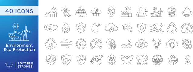 Environment and Sustainability Editable Stroke Icons Set &ndash; Renewable Energy, Nature Conservation, Water Protection and Eco-Friendly Technology Outline Vector Collection