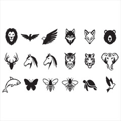 Fototapeta premium WebVarious animal icons featuring a lion, birds of prey, fox, bear, owl, tiger, deer, horses, elephant, dolphin, and insects.
