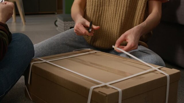 Medium midsection shot of unrecognizable couple sitting on floor at home, opening flat pack cardboard box to assemble furniture piece, examining paper instructions and cutting with scissors