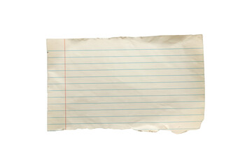 Fototapeta premium Torn piece of aged lined paper, presenting rough edges, a blank yellowed surface, and a transparent background