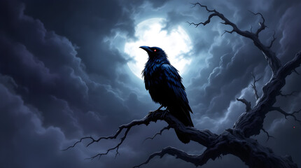 Fototapeta premium Raven perched on branch under full moon