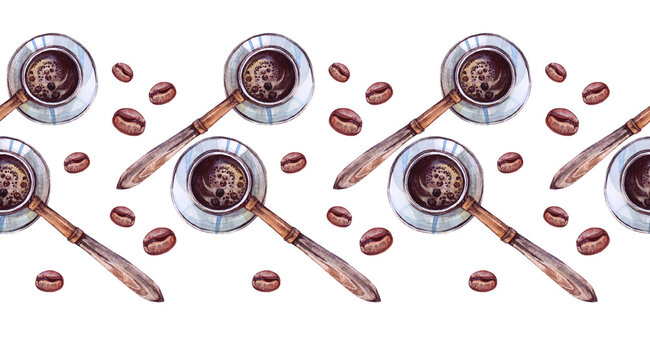 Watercolor seamless border with hot coffee in turk cezve from above top view. Old metal and wood for maker morning aroma beverage on beige background. Rim with bean for menu. Wallpaper or wrapping
