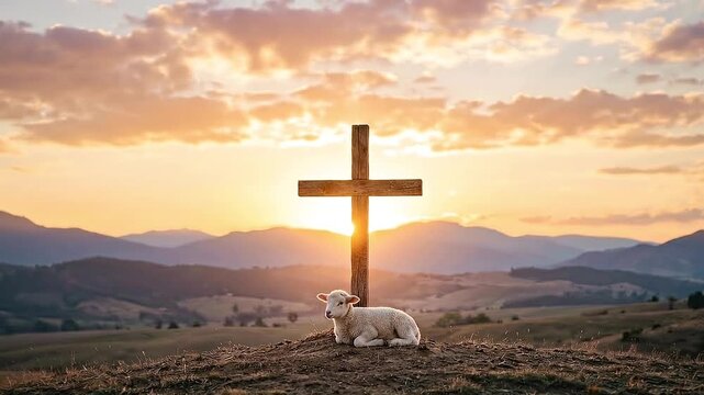 A holly week symbol of faith: wooden cross with a lamb at sunset