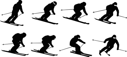 Silhouettes of downhill skiers in various action poses, skiing down a slope, representing winter sports, speed, and mountain recreation vector illustration set © Sarsoti