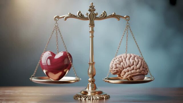 Heart and brain balancing on a vintage golden scale, symbolizing emotional intelligence, logic, and decision-making in a balanced life concept