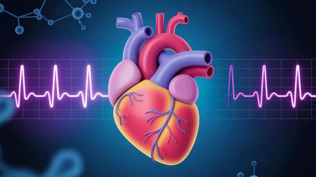 Vibrant 3D human heart anatomy illustration with pulsating electrocardiogram (ECG) line and molecular structures on a dark blue background, representing cardiology and health.