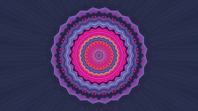 Mandala design with pink, purple, and blue layers on dark background, vector illustration