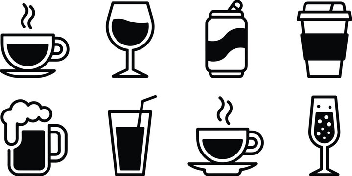 Set of beverage icons including coffee cup, wine glass, soda can, beer mug and various refreshing drink symbols.