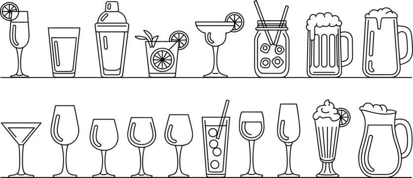 Set of various beverage and cocktail icons including glasses, mugs, and jugs in simple flat linear vector style.