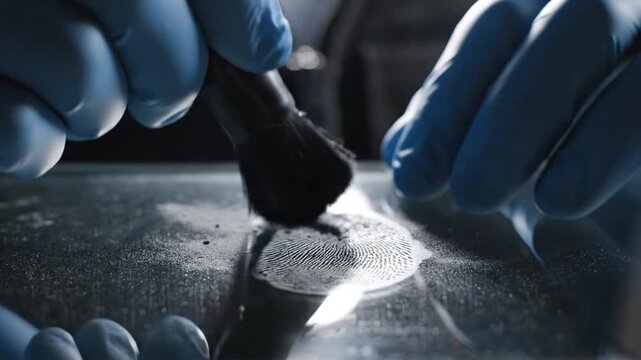 Forensic expert wearing blue protective gloves carefully dusts a latent fingerprint using a specialized brush on a dark reflective surface during a detailed criminal investigation process.