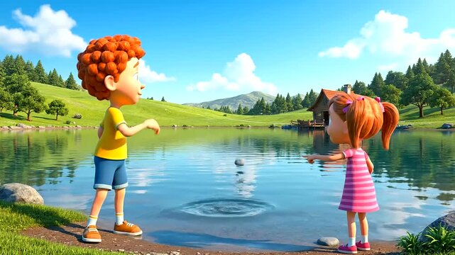 Animated kids enjoying carefree summer adventures by a tranquil lake, playfully engaging in river rock skipping under a clear blue sky