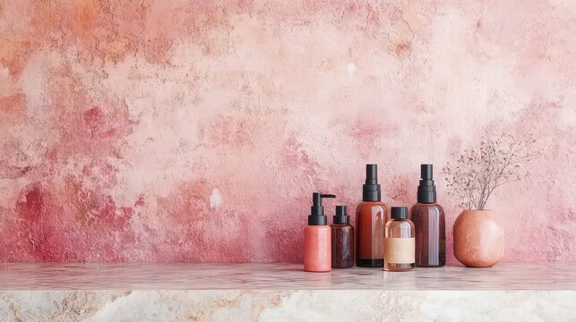 Cosmetic bottles and jars on a light pink background.