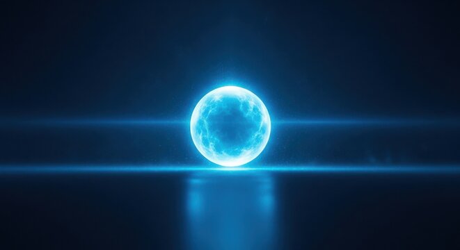 Glowing blue energy orb floating in darkness with light beams, futuristic concept