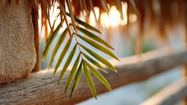 Peaceful tropical serenity: sunlit palm leaves gently swaying on rustic beach structure