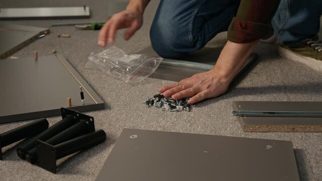 Medium close-up of hands of unrecognizable man pouring furniture assembly fasteners, bolts, fixtures and hardware components from plastic bag on floor carpet, while putting together chipboard drawer