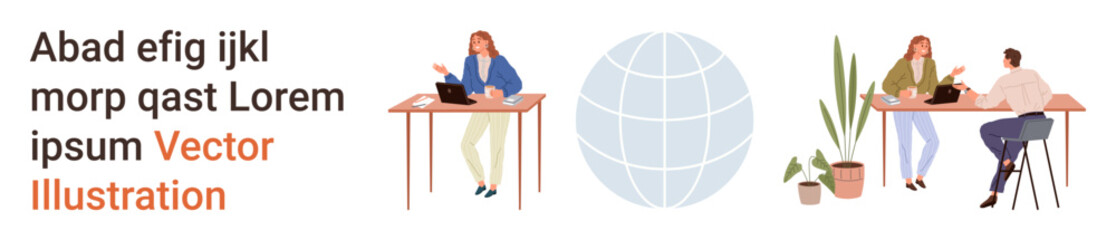 Obraz premium Remote work, teamwork, online meetings, workplace productivity, digital communication, business presentations. Two individuals working, one with a laptop and another in conversation. Remote work