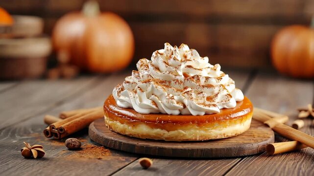 Tempting pumpkin spice tart evolution: cinnamon whipped cream delight in autumn setting