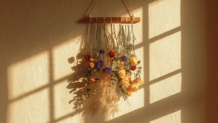 Fototapeta premium Dried Flower Wall Hanging with Golden Hour Window Shadow