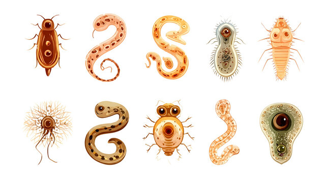 Set of microscopic human parasites worms and insects illustration
