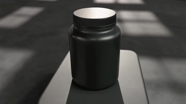 Close up view of black supplement bottle positioned on electronic scale with clean studio lighting and minimal background emphasizing shape and surface texture