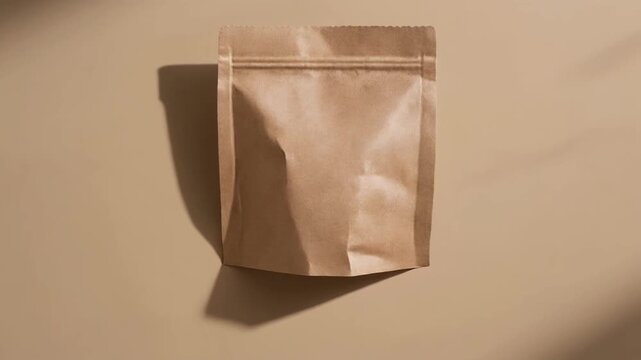 Close up view of blank brown paper pouch with zipper closure on plain background featuring studio lighting shadows and minimal packaging presentation