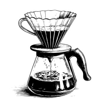 Hand-drawn illustration of pour-over coffee brewing equipment, a classic coffee shop item, perfect for fresh morning rituals &ndash; adobe stock