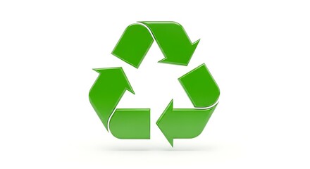 Obraz premium A vibrant green 3D recycling symbol with glossy folded arrows isolated on a clean white background for sustainability.