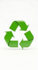 Obraz premium Reflective green arrows forming a continuous recycle loop against a white backdrop emphasizing global ecological protection and renewal.