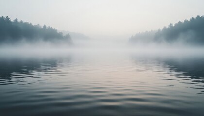 Fototapeta premium Misty Lake Morning Landscape with Foggy Forest and Calm Water Reflections - Serene Nature Background
