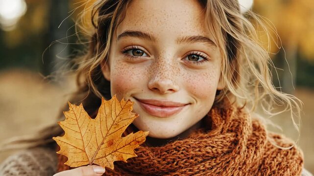 Sunlit autumn joy: smiling woman holds orange maple leaf in warm scarf
