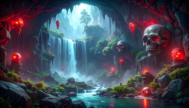 A surreal grotto scene with a waterfall and glowing skulls. Lush greenery and a mysterious atmosphere are depicted